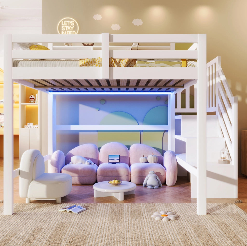Letto a soppalco 140x200 cm bianco con LED e scala contenitore