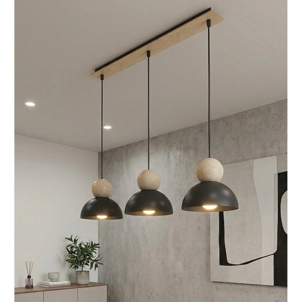 Lampada a sospensione KAKI in acciaio nero e legno