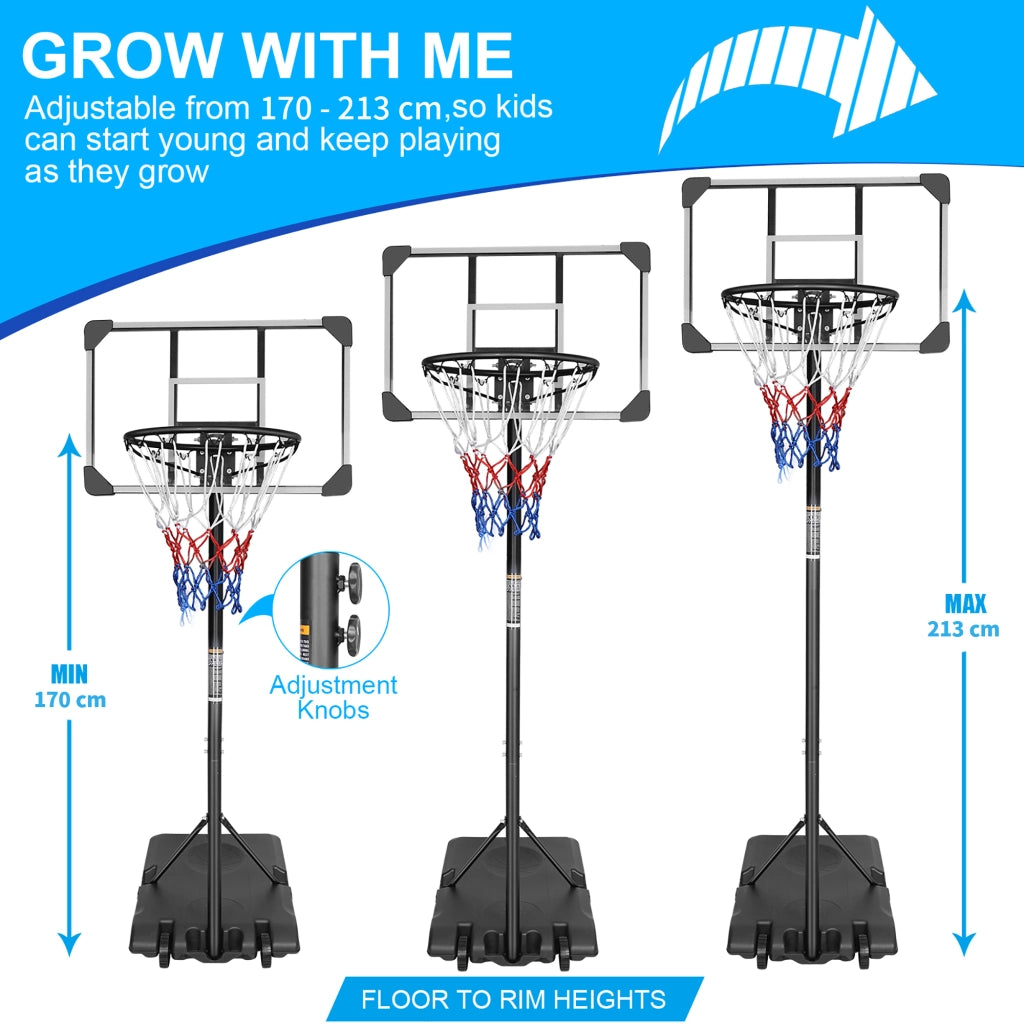 Canestro da basket con altezza regolabile 170–213 cm, ruote, per interno ed esterno, nero