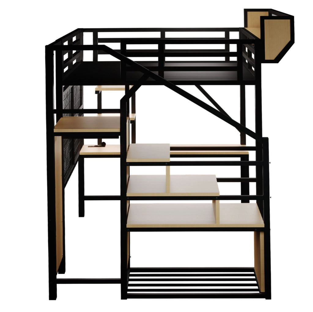 Letto a soppalco in metallo 140 x 200 cm con scrivania; ripiani; LED e prese; nero