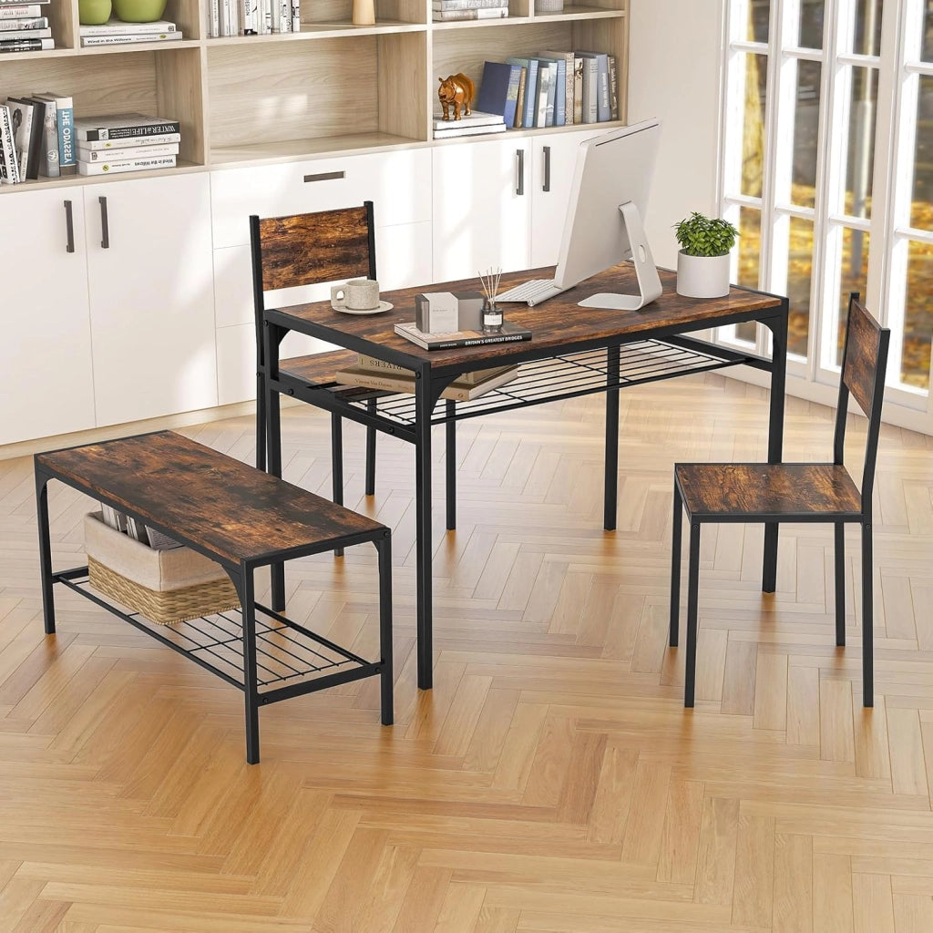 Set da Pranzo 4 Pezzi, Tavolo da Pranzo Industriale con 2 Sedie e Panca, Mobili da Cucina con Telaio in Metallo, Ripiano Portaoggetti(Marrone)