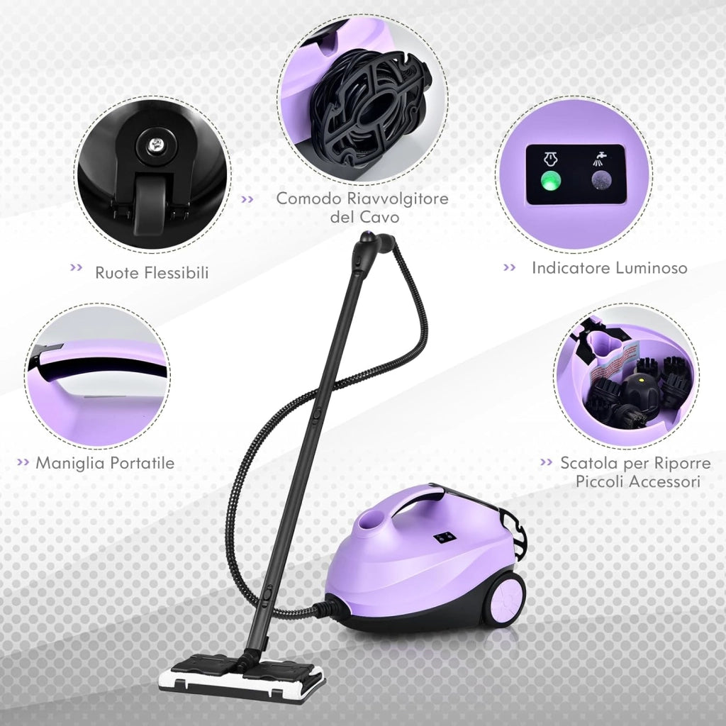 2000W Pulitore a Vapore con 19 Accessori e Serbatoio da 1,5L, Vapore per Tappeti, per Pulizie Profonde Pavimenti Finestre e Macchine (viola)