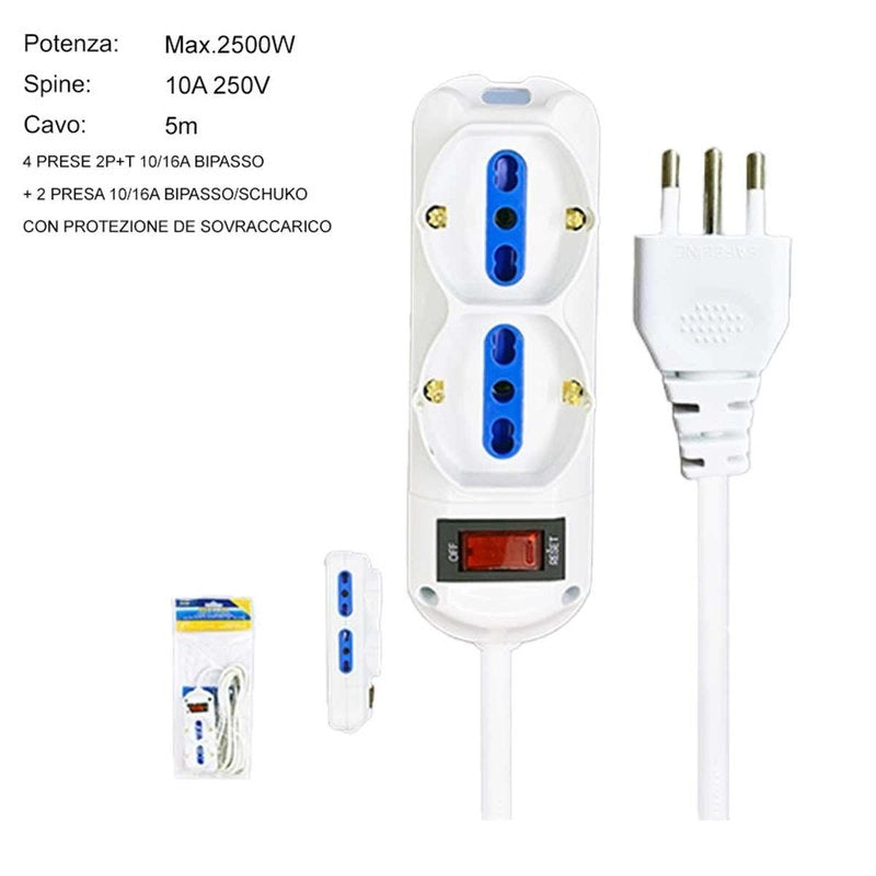 Multipresa Ciabatta Elettrica a 6 Posti 4 Prese 10A/16A + 2 Presa 10A/16A Bipasso Schuko con Interruttore e Spina 10A Cavo 5m Bianco