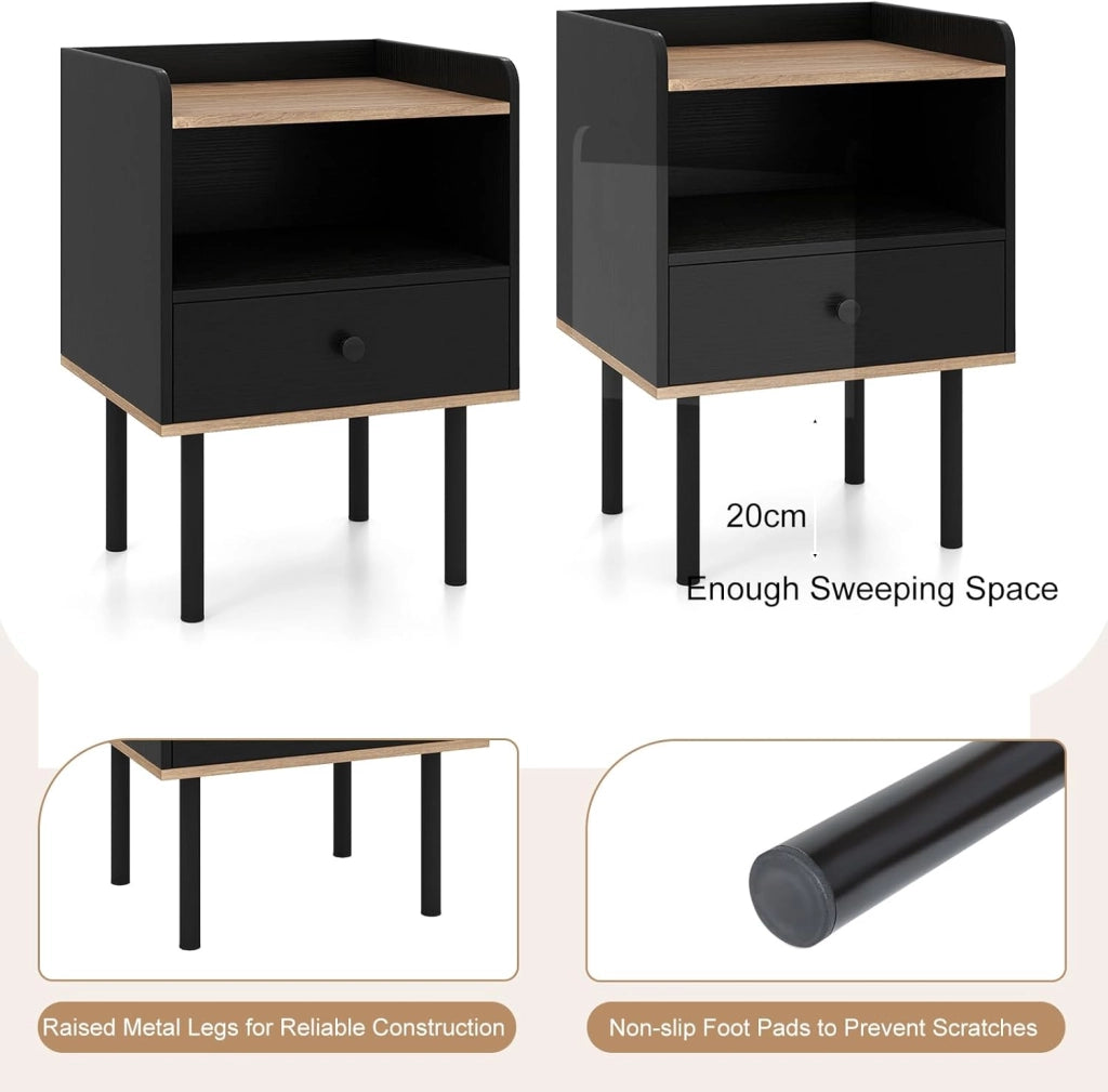 Comodino in Legno con Cassetto, Tavolino da Salotto con Ripiano Aperto, Comodino Moderno per Camera da letto, Soggiorno, Cameretta, 40,5 x 35 x 56 cm (1, Nero)