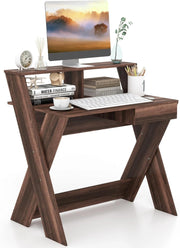 Scrivania per Computer, con Cassetto e Mensola per Computer Rialzata, Tavolo da Studio con Poggiapiedi e Gambe a Forma in X, Scrivania con Libreria per Casa e Ufficio (Noce)