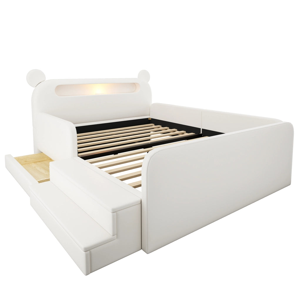 Letto imbottito per bambini 140x200 cm con testiera a forma di orso; USB e contenitore; bianco