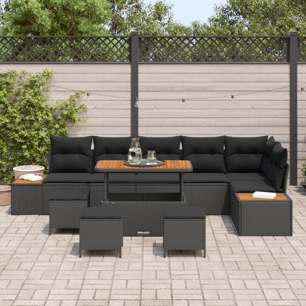 Set divano da giardino  10 pezzi con cuscini in rattan poliestere nero e acacia