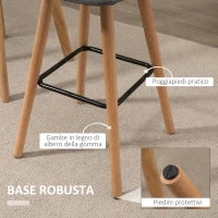 Set 2 Sgabelli da Bar con Schienale e Poggiapiedi, Seduta Imbottita in Tessuto e Gambe in Legno, 41.5x47x97.5, Grigio