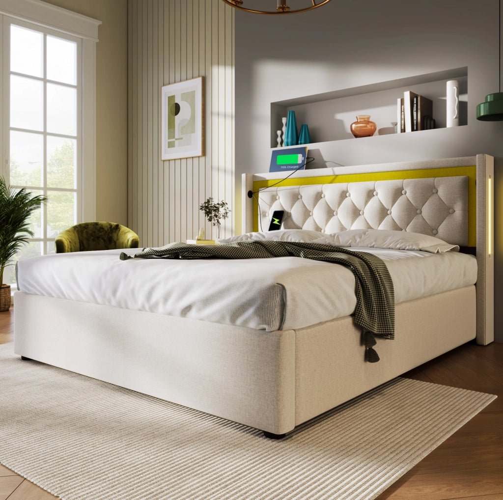 Letto contenitore LED 140x200 con materasso e ricarica USB-C