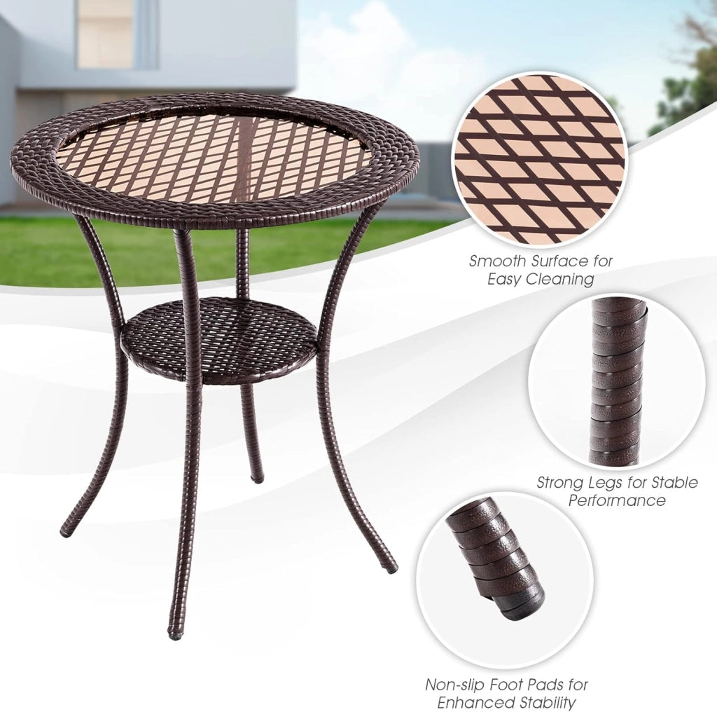 Tavolo Appoggio da Giardino, a 2 Ripiani, Rotondo, Tavolino Esterno in Rattan e Vetro, Resistente all'Intemperie, Portata di 35 kg, per Piscina/Patio/Balcone, 64 x 71,5 cm