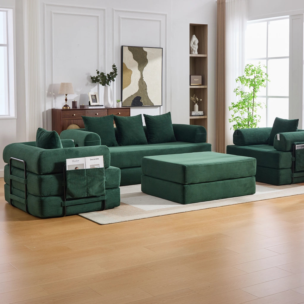 Divano modulare con pouf e tasca laterale, struttura in metallo, in velluto a coste verde smeraldo 200 × 190 × 67 cm
