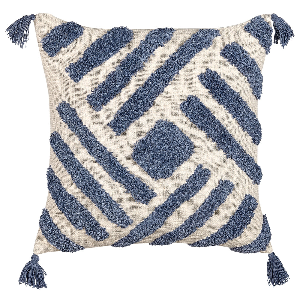 Cuscino decorativo cotone beige e blu 45 x 45 cm motivo geometrico nappe rivestimento sfoderabile con imbottitura boho