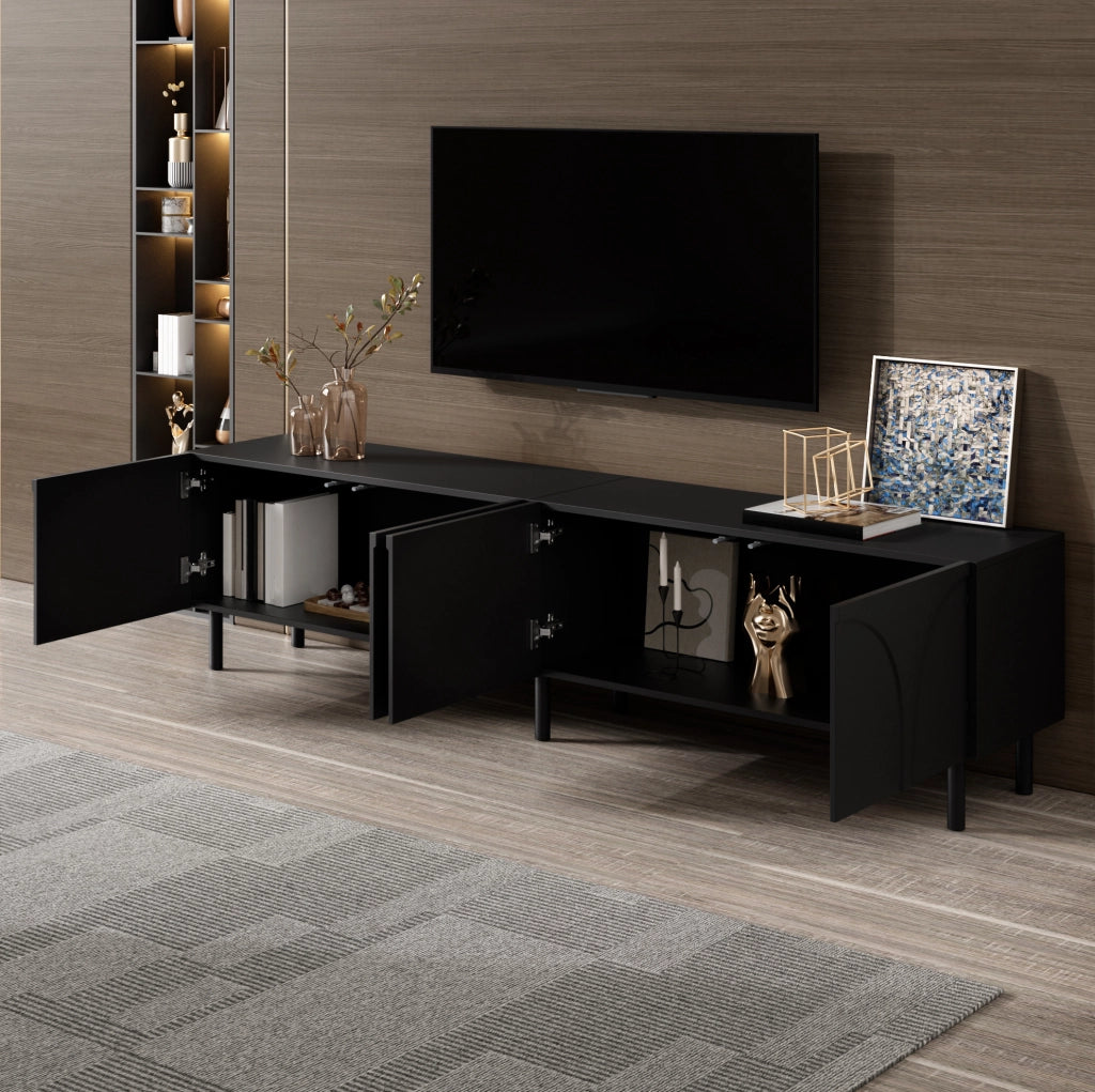 Mobile TV 180x35x49 cm con 4 ante e 2 vani separati in MDF e pannello truciolare nero