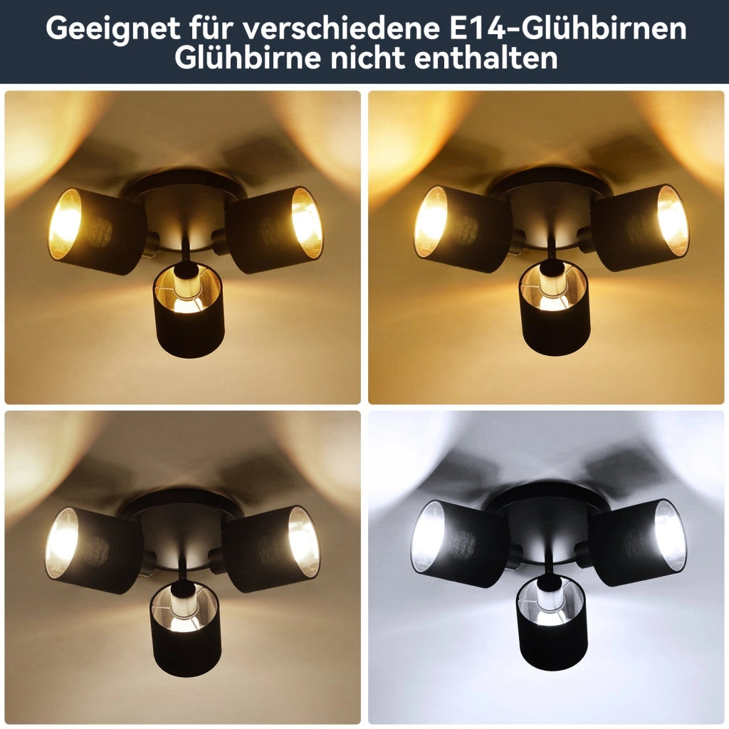 ZMH Faretto da soffitto neri retrò 3 luci E14 rotanti 350° paralume tessuto max 25W senza lampadina