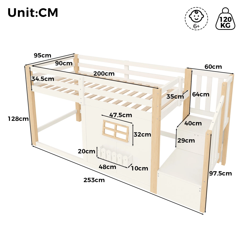 Letto a castello singolo 90x200 cm in legno di pino e MDF; con finestra; scala contenitore e LED; bianco