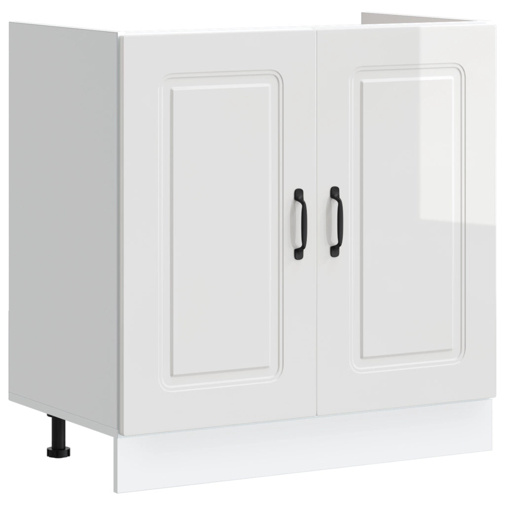 Mobiletto da cucina  "Kalmar" con doppi lavabi in legno ingegnerizzato bianco lucido
