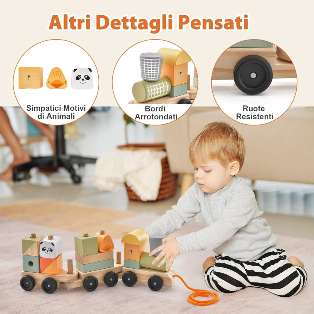 Trenino in Legno, Trenino Giocattolo a 3 Sezioni con Blocchi Impilabili, Corda di Traino, Design a Gancio, Trenino Giocattolo Educativo per Bambini 3 Anni+