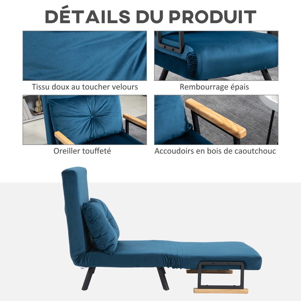 Poltrona letto convertibile 1 posto ¨C Xylo ¨C tessuto effetto velluto blu con braccioli in legno