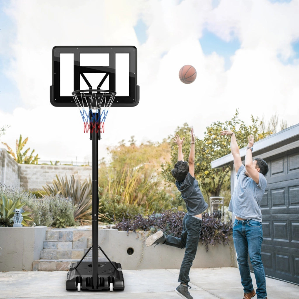 Canestro portatile con altezza regolabile a 5 livelli base riempibile 2 ruote, Sistema supporto per pallacanestro