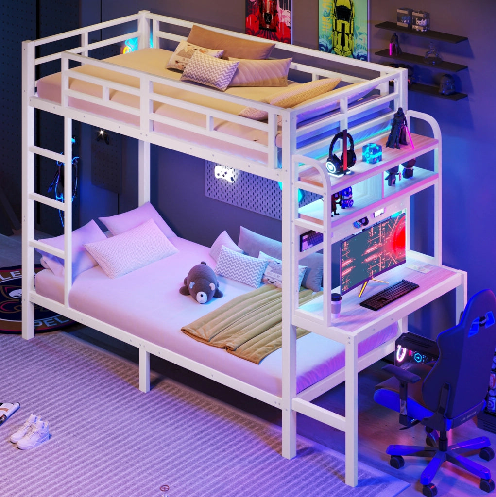 Letto a castello 90x200 cm bianco in metallo; scrivania e luci LED