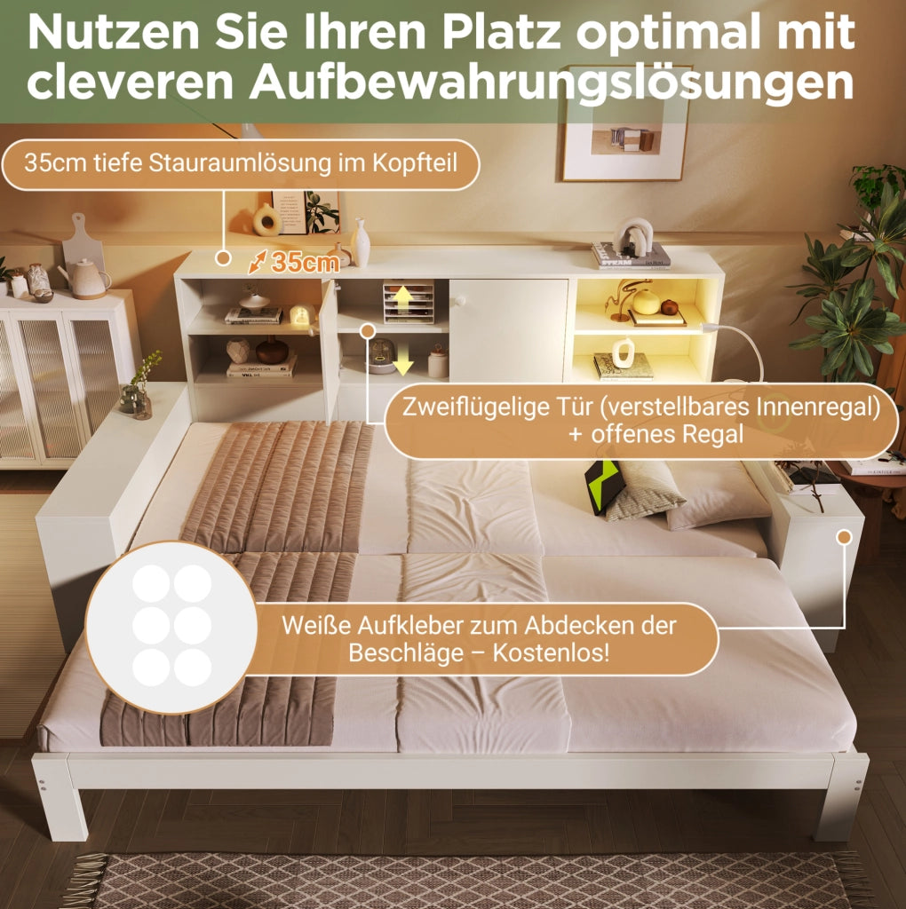 Letto a scomparsa con letto estraibile 90x200 cm; contenitore e porte USB; bianco
