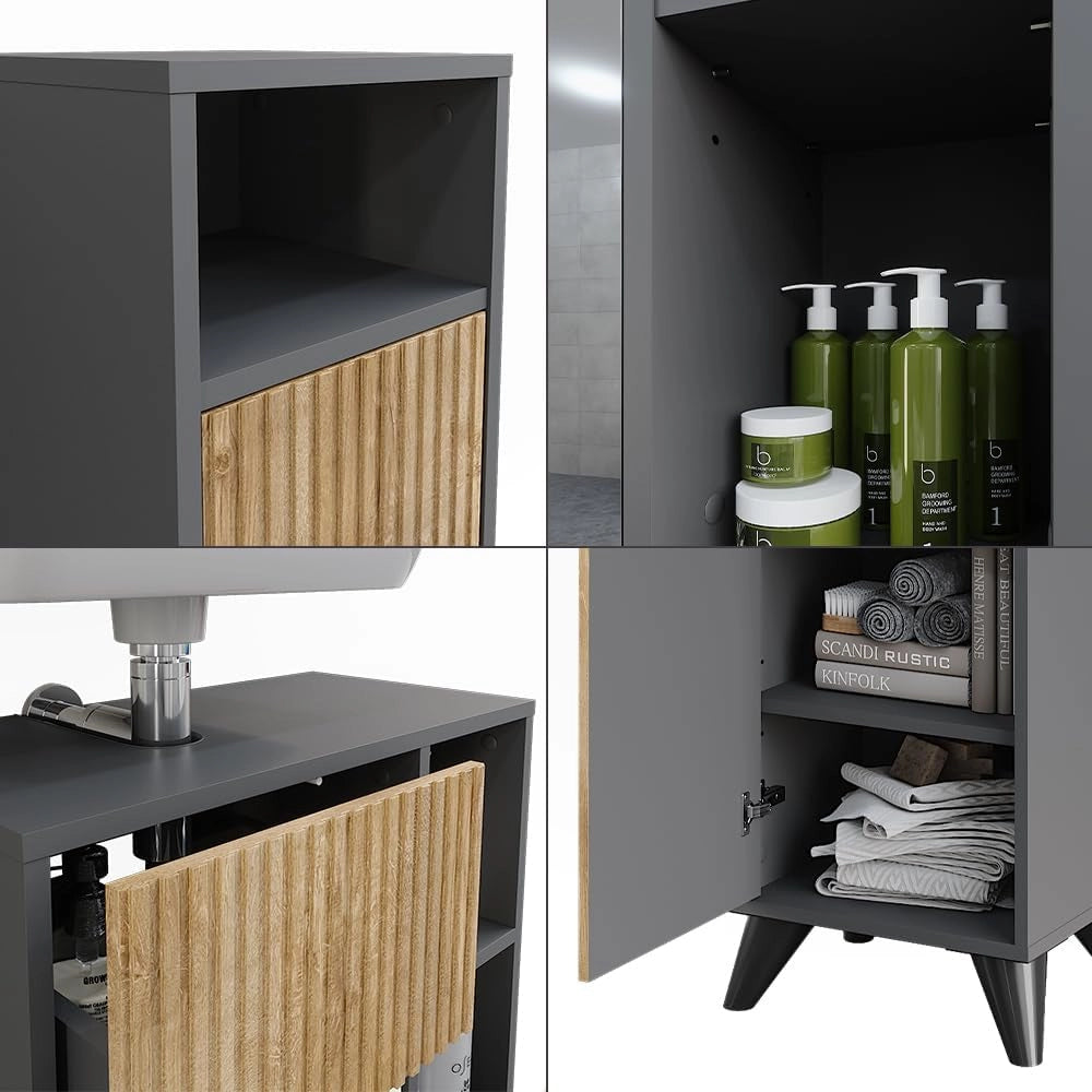 Set di mobili da bagno Leano, Antracite/quercia di montagna, 60 cm, composto da mobile lavabo, pensile a specchio, colonna e base media