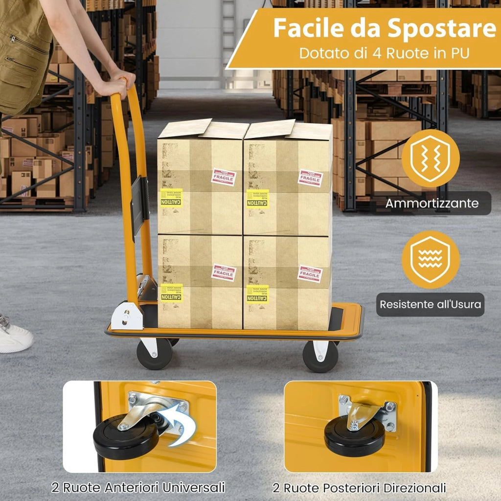 Carrello Pieghevole per Trasporto, Carrello Pieghevole con Piattaforma con Ruote Girevoli a 360°, Capacità di Peso 150 kg, per Garage, Magazzino (Giallo + Nero)