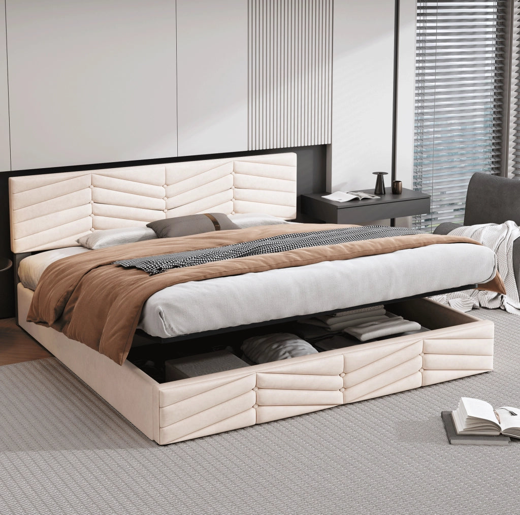 Letto matrimoniale contenitore in velluto beige 160x200 cm
