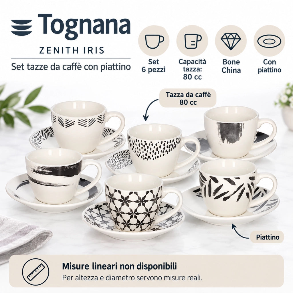Set 6 Tazze Caffè Tognana Zenith Iris 80 cc Bone China con Piattino