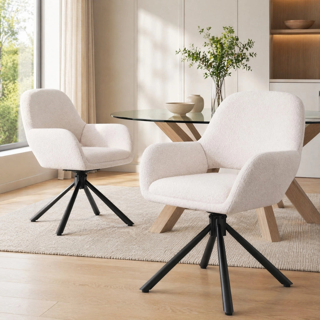 Set di 2 sedie girevoli in Sherpa bianco con braccioli, stile moderno