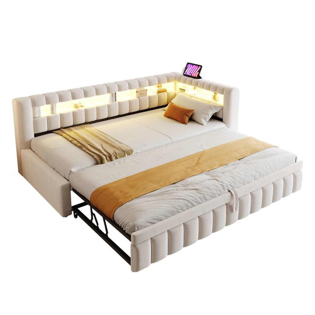 Letto imbottito trasformabile con LED, porte USB e USB-C, 90x200 cm, beige