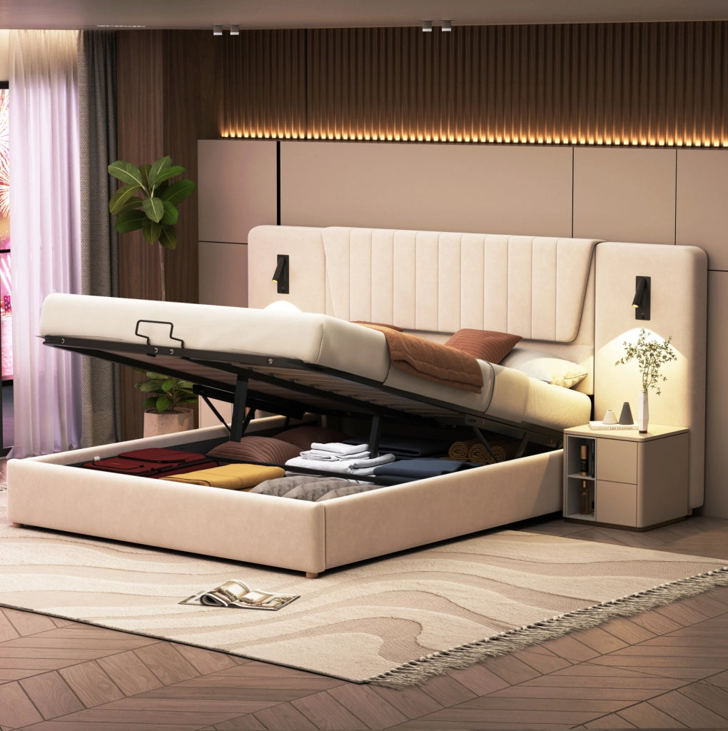 Letto matrimoniale imbottito 180x200 cm con LED USB e contenitore