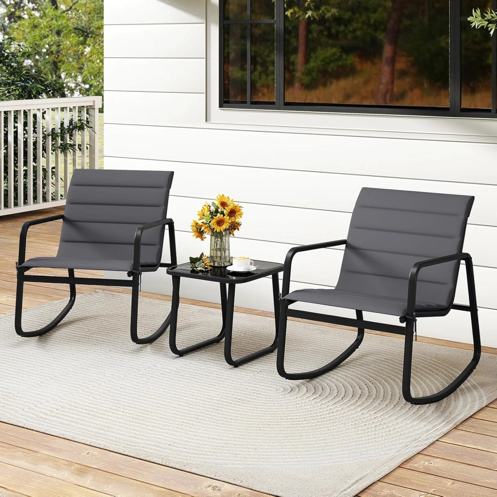 Set Tavolino e Sedie da Giardino con Cuscino, Set di Mobili a Dondolo, Set Bistrò 3 Pezzi, Tavolino in Vetro Temperato, Sedie in Textilene, per Giardino Cortile Piscina (Modello 2)