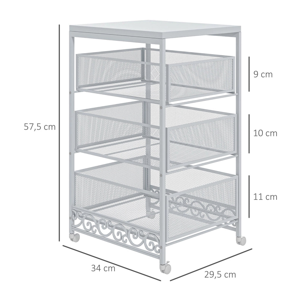 Carrello Portautensili 3 Livelli con Cestini ¨C zephmum ¨C Bianco 34x29,5x57,5cm