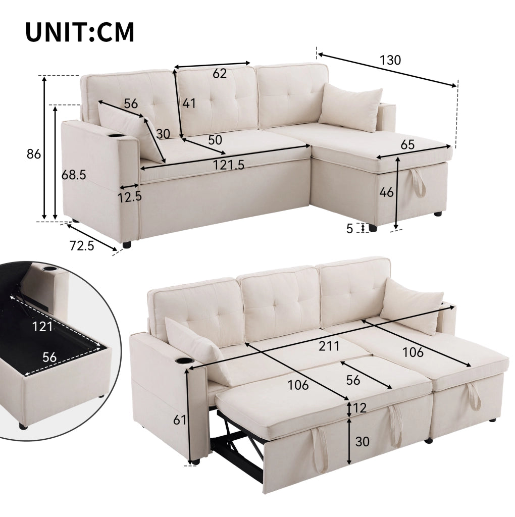Divano letto angolare beige reversibile con contenitore