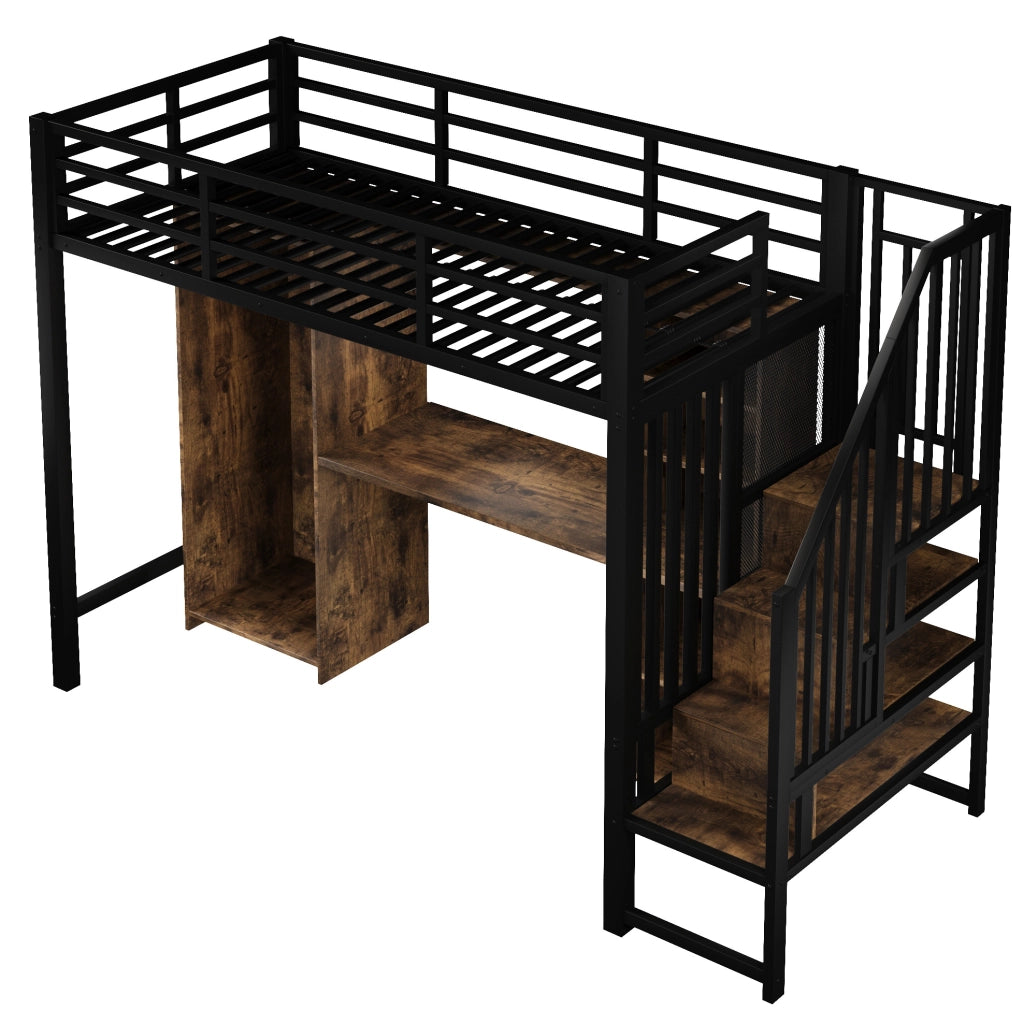 Letto a soppalco ULEVR 90x200 cm con armadio, scrivania e gradini contenitore, metallo e MDF nero