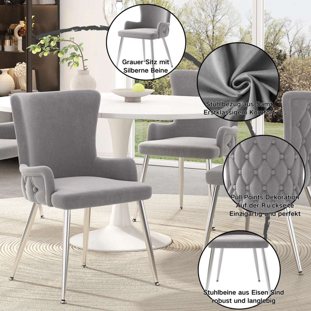 Set di 6 sedie da pranzo in velluto con gambe in metallo; grigio e argento
