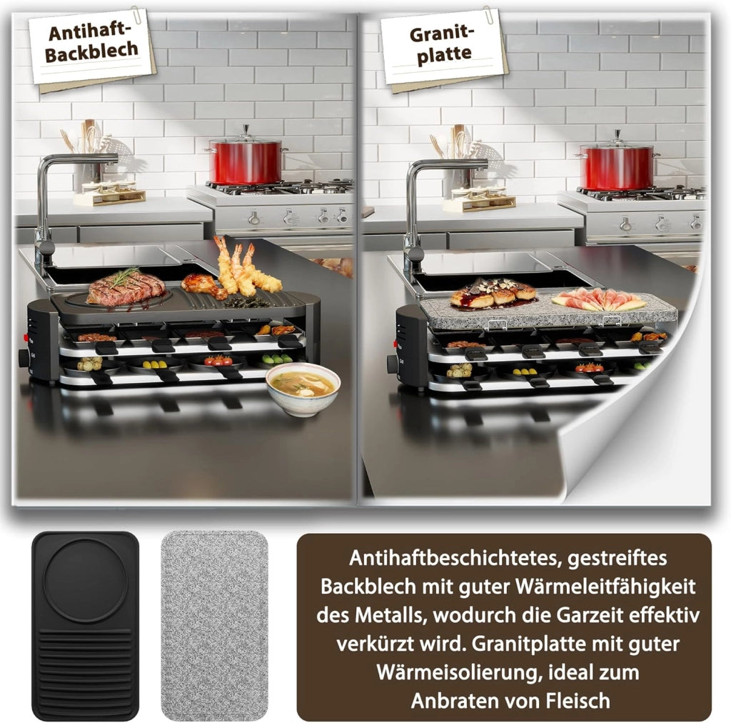 Raclette - Griglia per raclette per 8 persone, 1600 W, con 14 padelle, piastra in granito e piastra antiaderente, griglia elettrica da tavolo, per feste, griglia elettrica, regolazione della