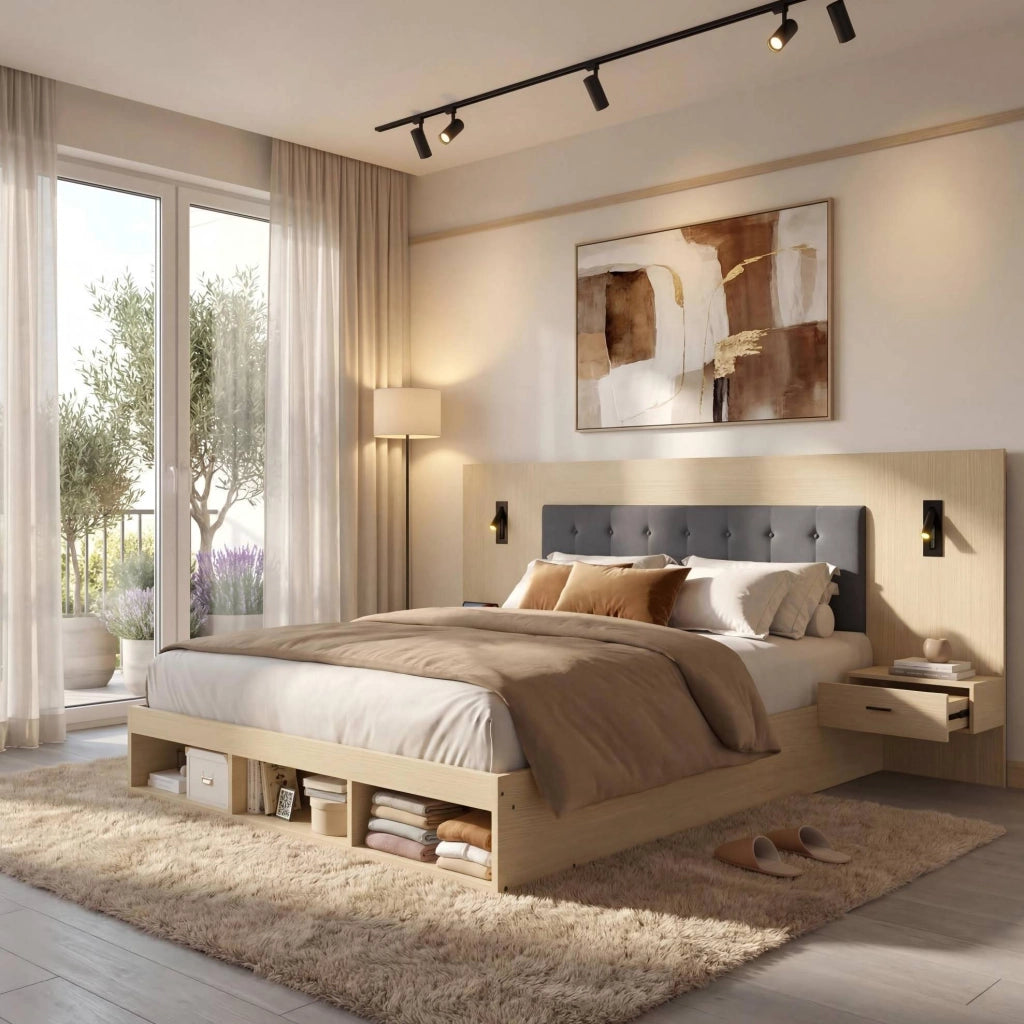 Letto contenitore 180x200 cm con comodini, luci LED e prese USB/Type-C