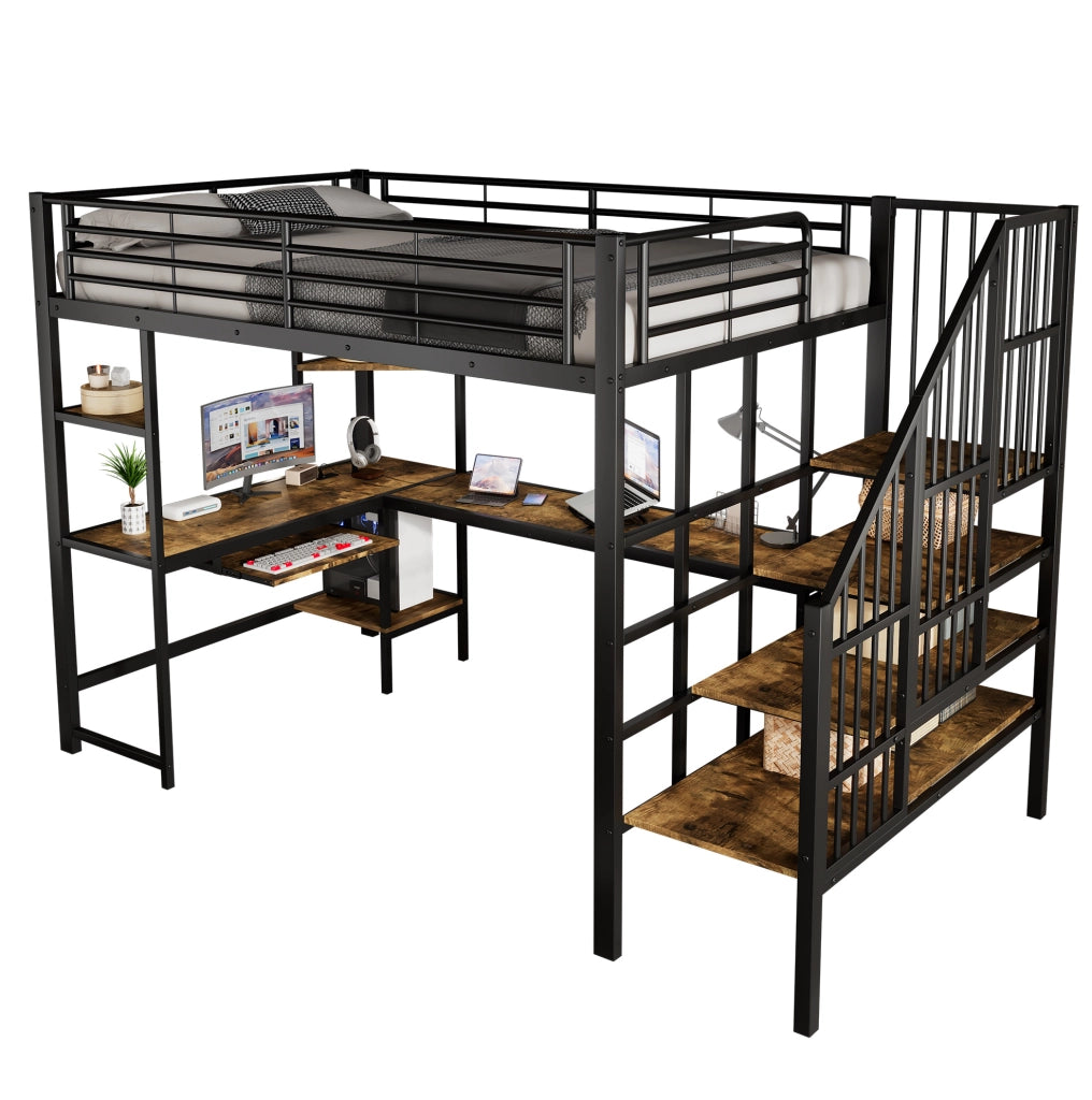 Letto a soppalco in metallo e MDF con scrivania; porta di ricarica e scala angolare 120x200 cm