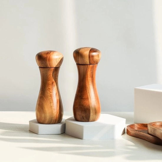 Set di macinatura sale e pepe con piatto - macinatore ceramico - legno di Acacia - 155 cm - 6 cm