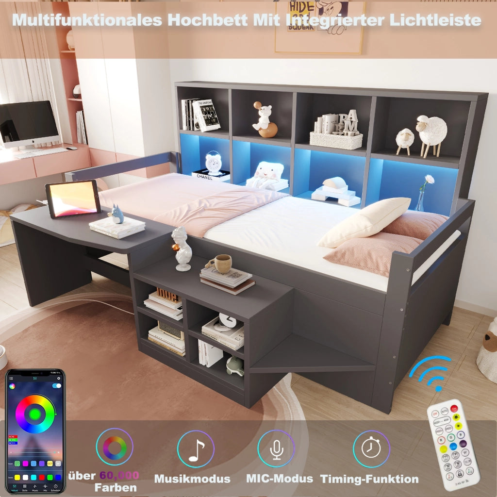 Letto a soppalco per bambini 90 × 200 cm con scrivania, vani portaoggetti, LED, USB e presa, senza materasso