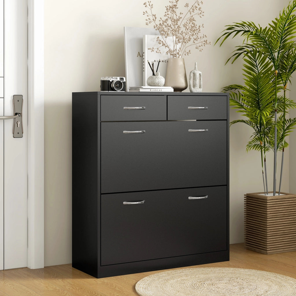 Scarpiera con 2 Cassetti e 2 Ripiani Regolabili ¨C Zephmum ¨C Legno, Nero, 80x30x91.5 cm