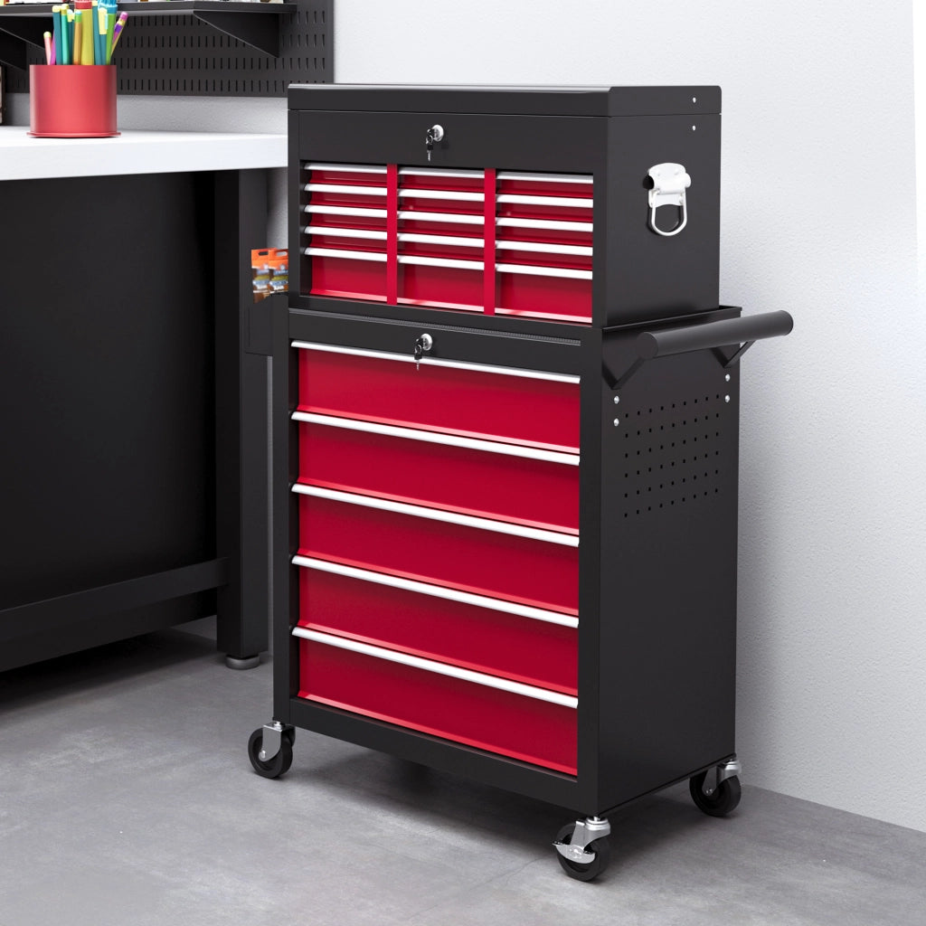 Carrello attrezzi a cassetti con pannello forato ¨C zephmum ¨C 14 cassetti, acciaio, rosso