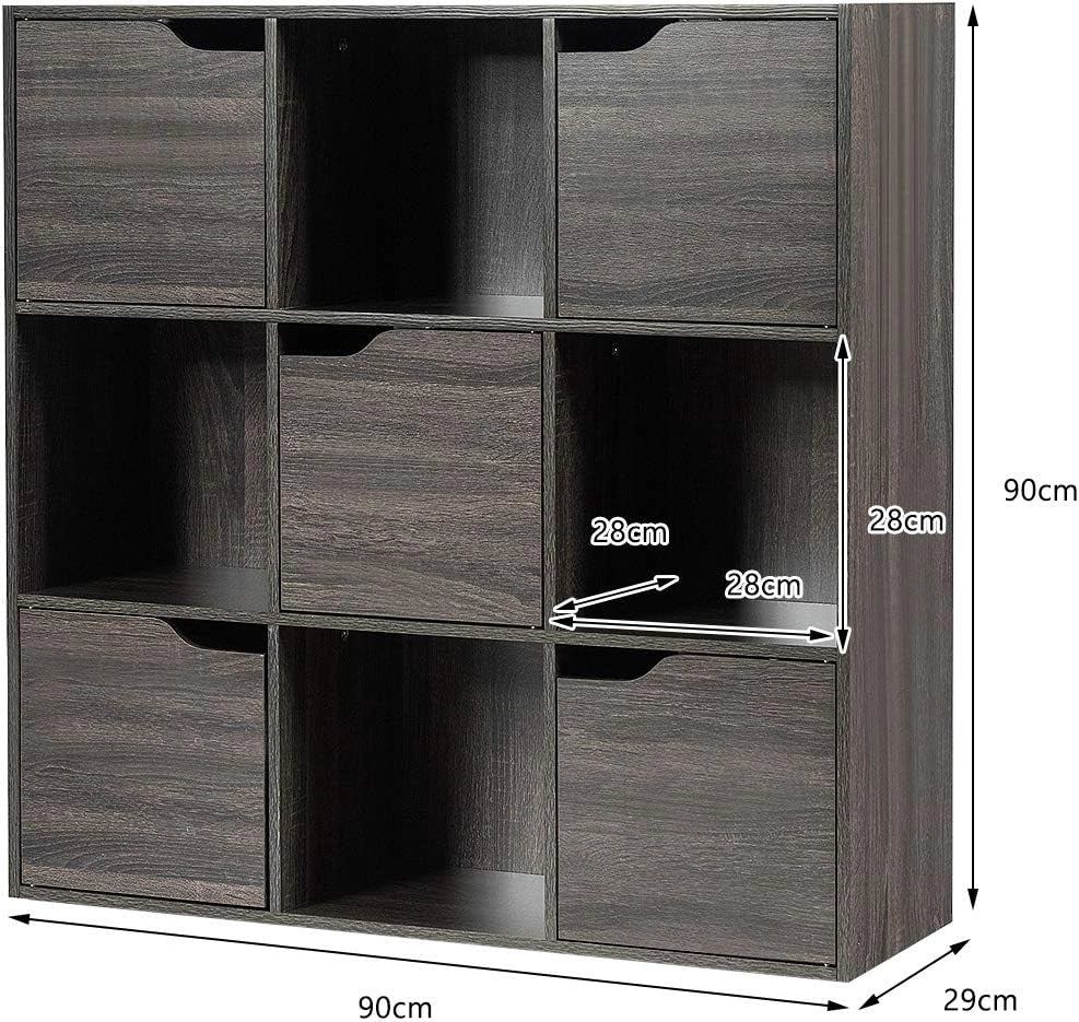 Scaffale Portaoggetti Guardaroba Mensola Libreria in Legno Mobile con 9 Cubi, Scaffale Cubo Porta Libri (Grigio-Marrone)