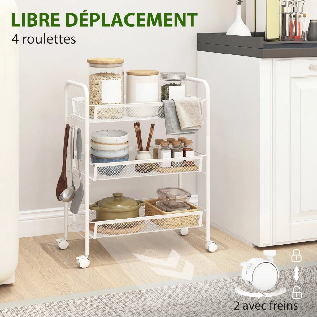 Carrello a 3 livelli con cesti ¨C zephmum ¨C bianco 45x26.5x63 cm