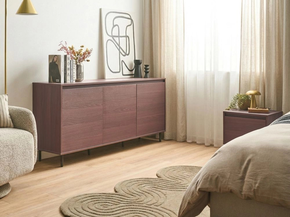 Credenza a 3 ante in truciolato marrone scuro con gambe in metallo nero mobile indipendente con ripiani mobile contenitore per la casa