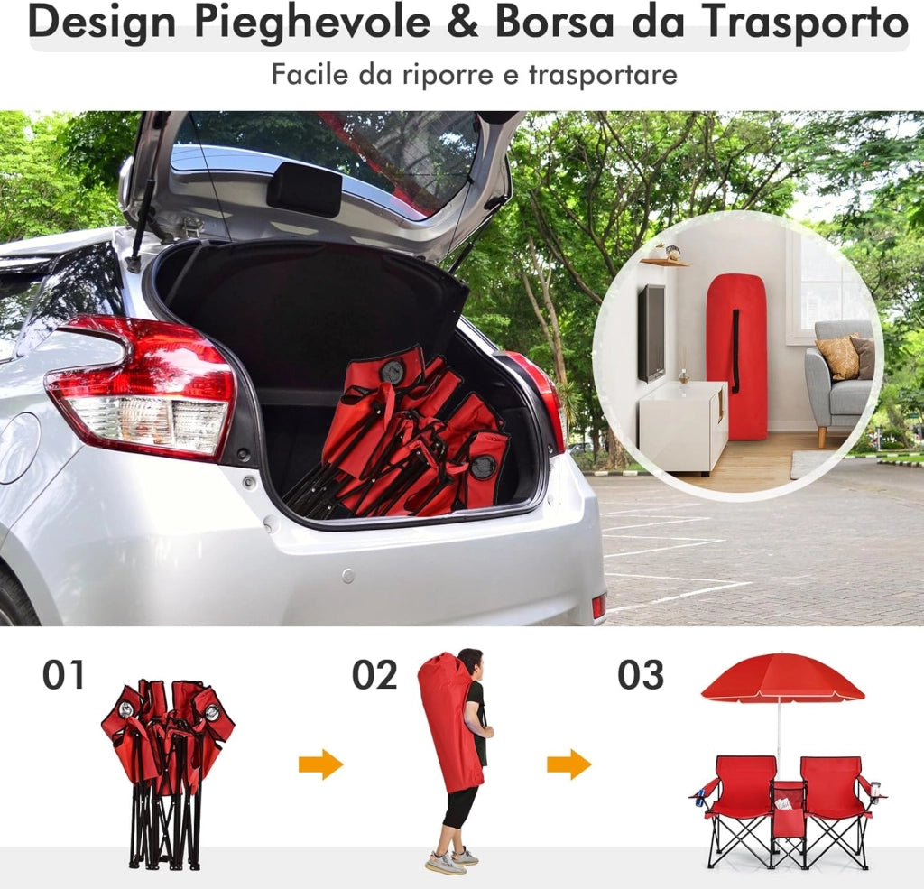 Set di 2 Sedie da Campeggio Pieghevoli, con Ombrellone e Tavolino Contenitore, Resistente e Leggero, Capacità 113 kg (Rosso)