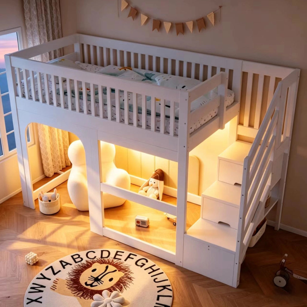 Letto a soppalco per bambini 90x200 cm in legno bianco con scala contenitore e LED