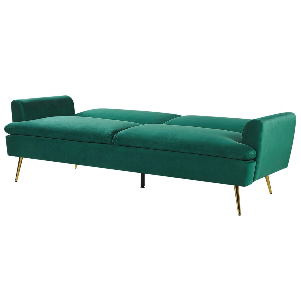 Divano Letto in Velluto Verde Scuro 3 Posti Click Clack Gambe In Metallo Dorato